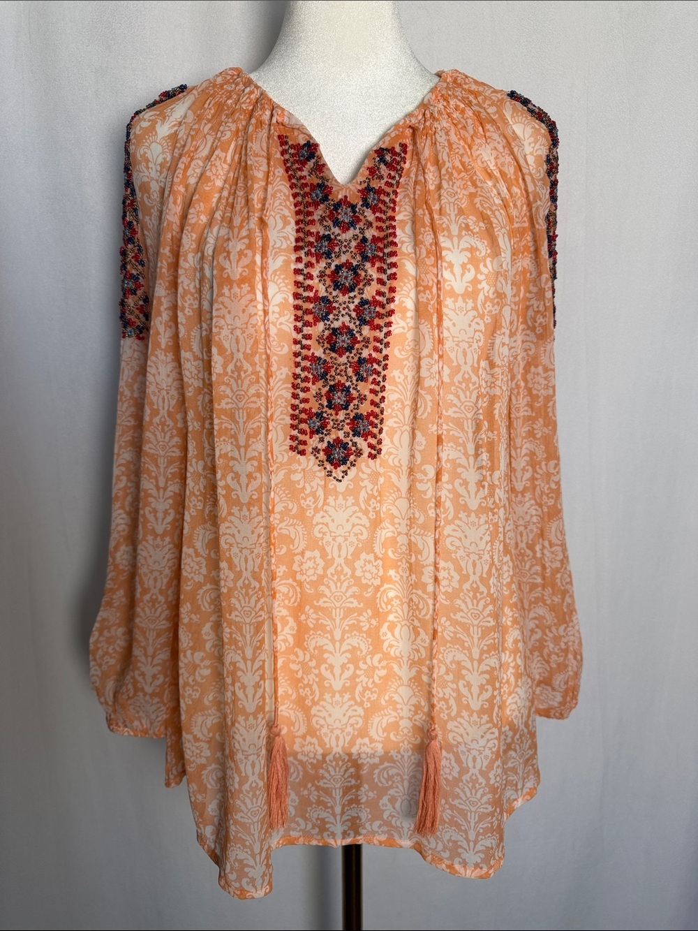 Sundance Sheer Boho Embroidered Beaded Tunic Blouse Size S Long Sleeve Flowy